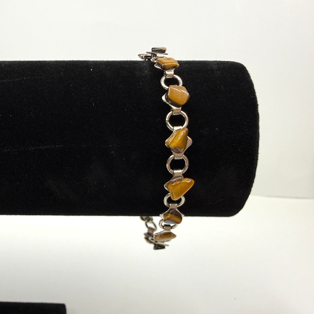 Tiger's Eye Chip Stone Bracelet Silver Tone Chain Clasp Fashion Jewelry  7.5 in
